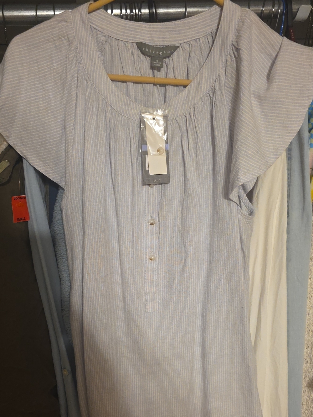 Sharagano Light Blue & White Striped Flutter-Sleeve Blouse